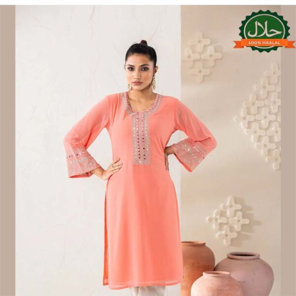 Women Peach Embroidered Kurti