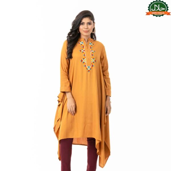 Women Mustard Embroidered Kurti