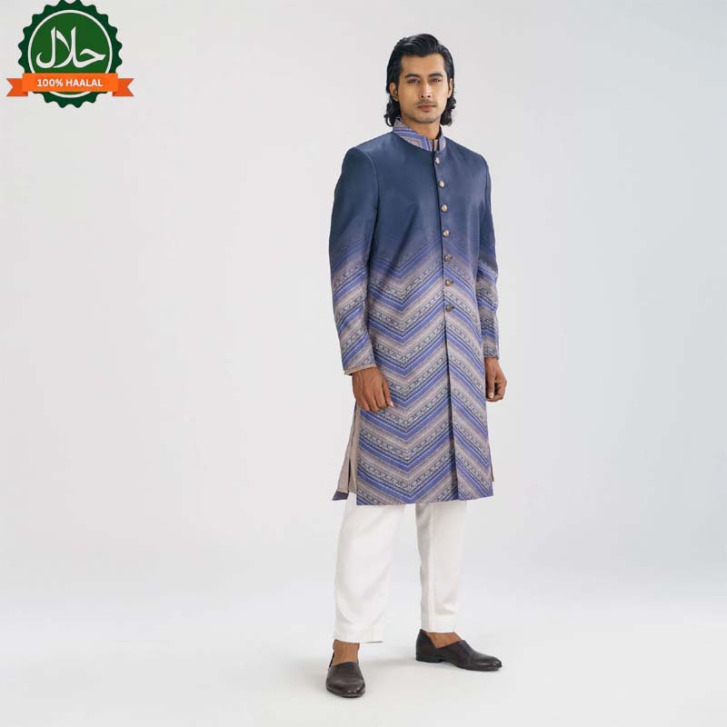 This men's sherwani features a digital ombre floral print in a rich green hue, crafted from micro stretch fabric for a comfortable fit. Perfect for weddings or formal events, this ethnic piece combines traditional design with modern fabric for a stylish look.