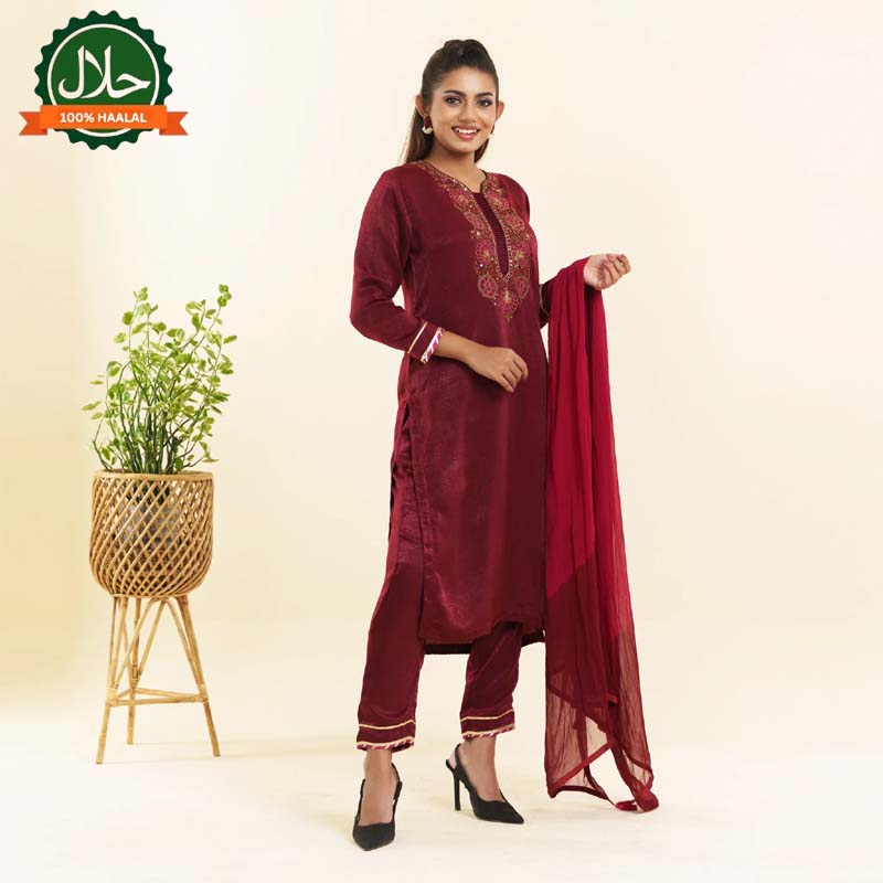 Women Maroon Embroidery 3-Piece Set