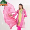 This elegant pink ethnic 3-piece set features a digitally printed kameez paired with solid pants for a balanced, stylish look. The batik cotton orna adds sophistication, complete with a digital printed patch border for extra flair. Made from blended fabric for the kameez and pants, and pure cotton for the orna, this set combines comfort with style, making it perfect for festive occasions or cultural events.