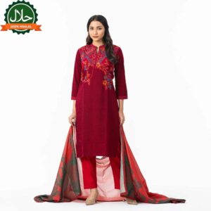 Womens Maroon Embroidered Silk Set