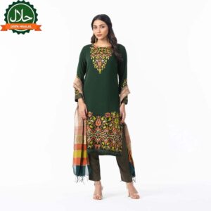 This green salwar kameez set is embellished with elegant foil print and decorative runstitch, offering a stylish and refined look. Made from breathable linen fabric, it provides comfort while maintaining a regular fit. Perfect for both casual and festive occasions, this set blends tradition with contemporary design.