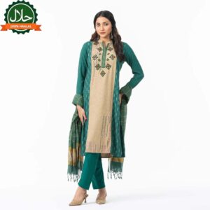 This green salwar kameez set is beautifully embellished with placement screen print and hand embroidery with thread and glass detailing on the yoke. The yoke and sleeve openings are adorned with decorative lace borders for added elegance. Made from jacquard cotton, the kameez is paired with soft cotton pajama pants and a half-silk tant Orna, making it a stylish and comfortable choice for festive events.