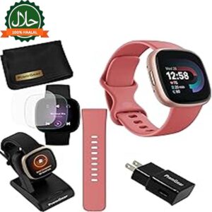 Fitbit Versa 4 Health and Fitness Smart Watch (Pink/Rose) with Built-in GPS, 6 Day Battery Life, S & L Bands, Bundle with 3.3foot Charge Cable, Wall Adapter, Screen Protectors & PremGear Cloth